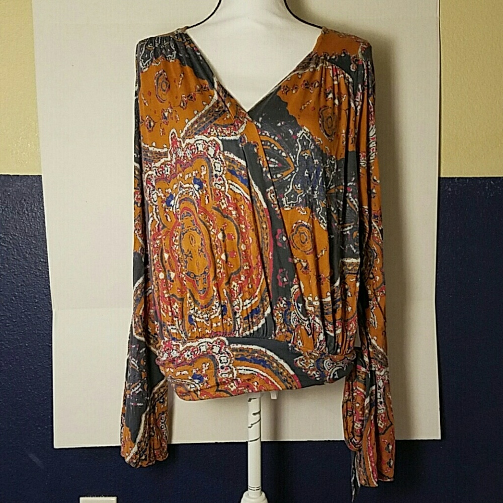 Free People Paisley Print V-Neck Blouse in Mustard and Charcoal